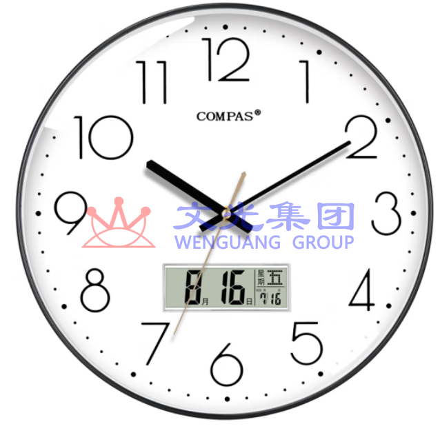康巴丝 35cm 挂钟13.8寸 时钟万年历钟表自动对时电波钟 C6219AY钢琴黑 SKU：WG0113960