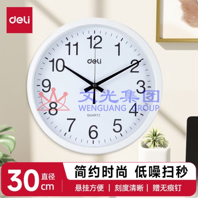 得力 9005 挂钟钟表 30cm挂钟 客厅挂式无噪音钟表 白色 SKU:WG0105989